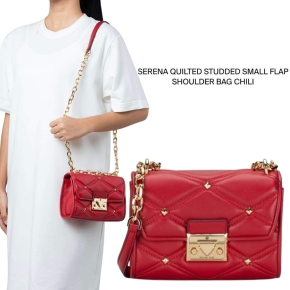 New! Michael Kors SM Flap XBody Serena Chili Quilted Stud Chain Mini Crossbody - Picture 1 of 16